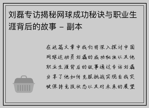 刘磊专访揭秘网球成功秘诀与职业生涯背后的故事 - 副本